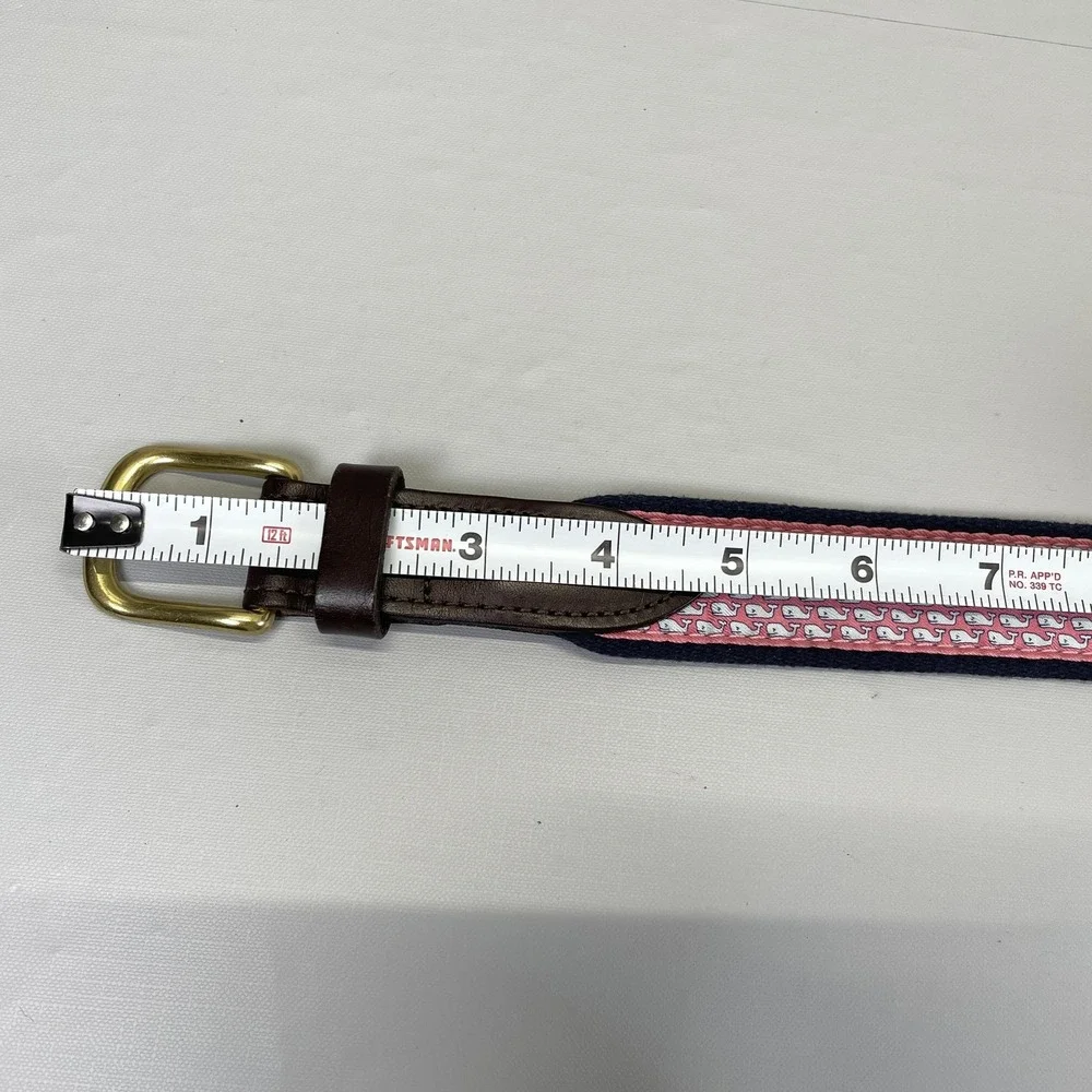 Vineyard Vines Belt Mens 28 Navy Pink White Whale Ribbon Solid Brass Buckle -USA